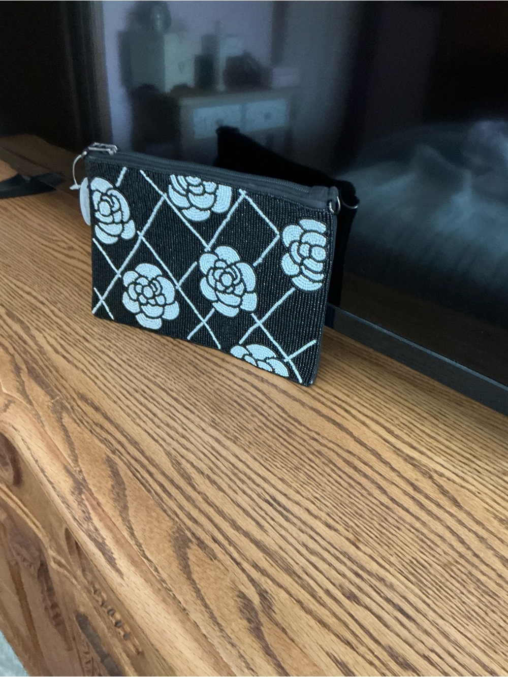 Black & White Beaded Camellia Clutch with  Added Silver Chain